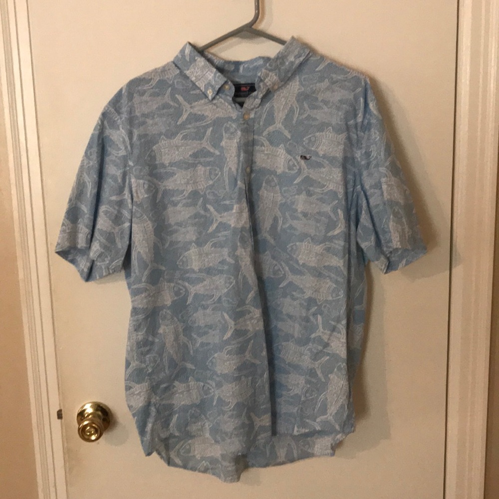 Vineyard vines light blue button down fish pattern